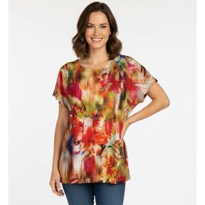 CHICO’S Hawaiian Hibiscus Flower Blouse, Women’s Chico Size 1, Multicolor